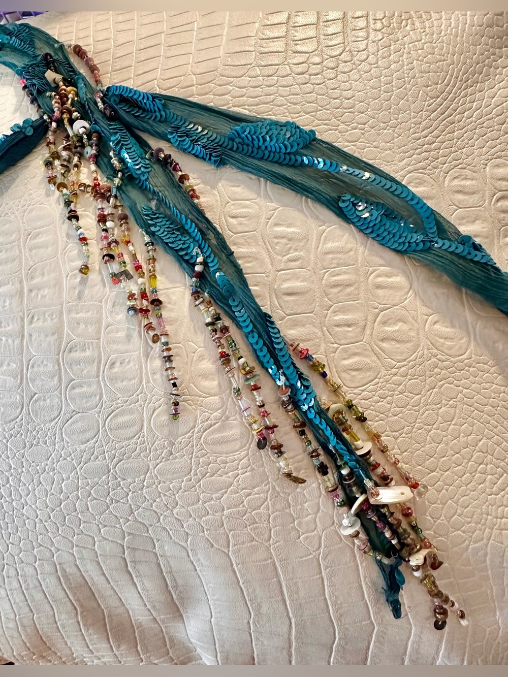 Vintage Chan Luu Silk Chiffon Skinny Scarf with Multifaceted Beads and Sequins - Picture 2 of 5